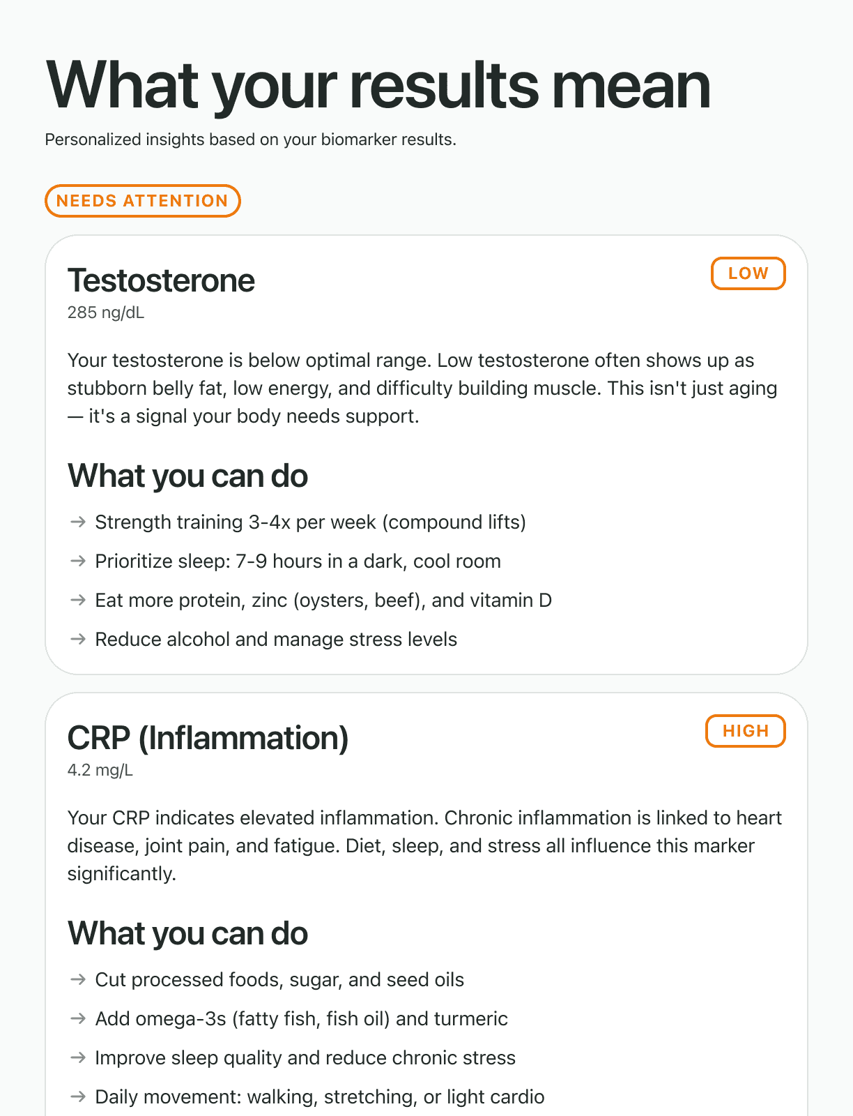 Sample health report with biomarker results, insights, and recommendations
