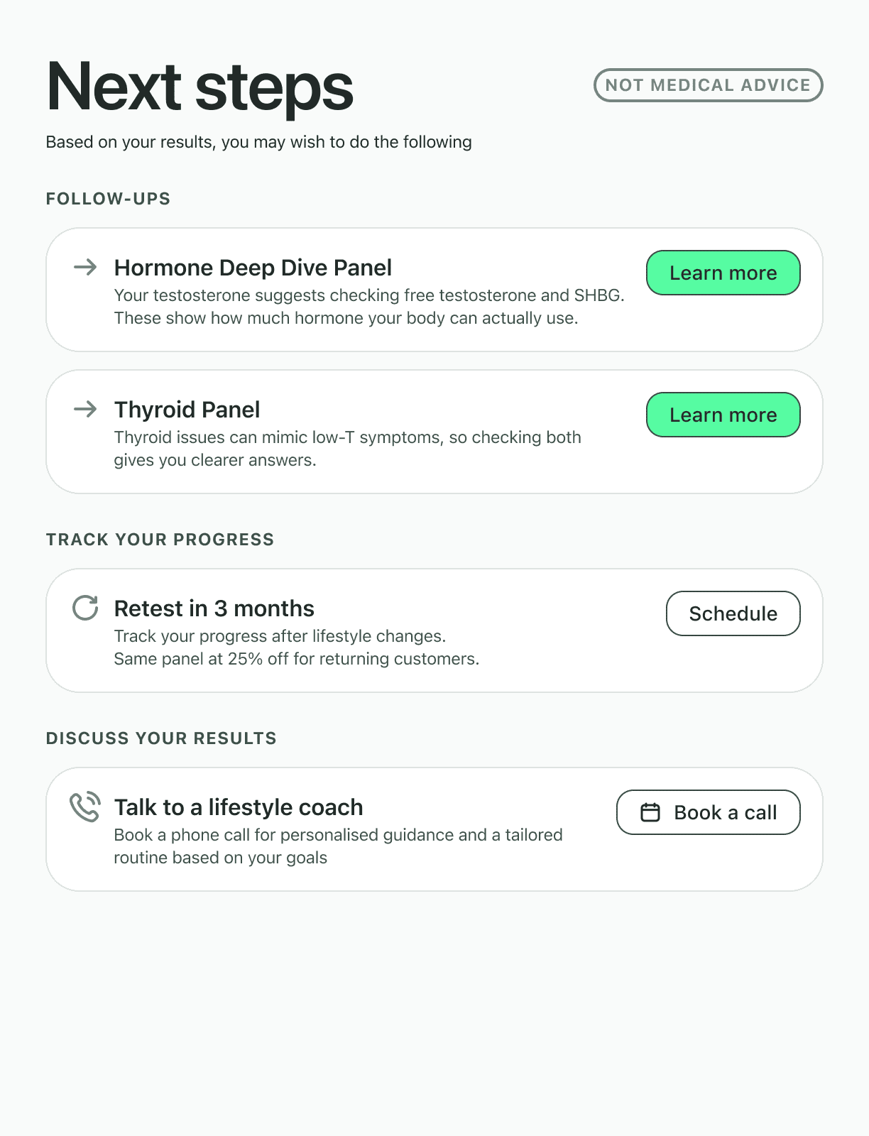 Sample health report with biomarker results, insights, and recommendations