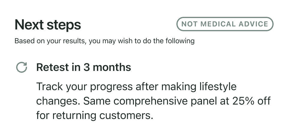 Sample health report with biomarker results, insights, and recommendations