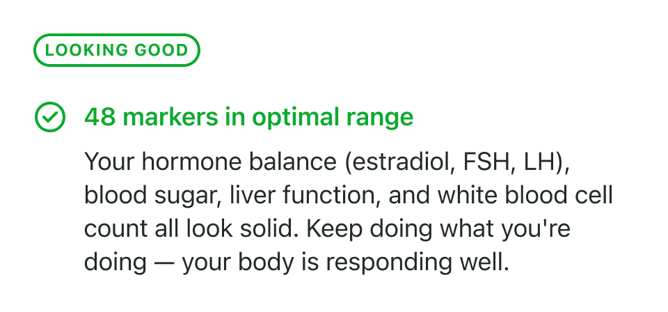 Sample health report with biomarker results, insights, and recommendations